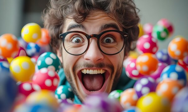 Young man with wide eyes and open mouth expressing surprise and joy surrounded by vibrant polka dot balls