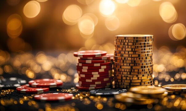Gold and red casino poker chips creating tall stacks and scattered on a dark table with golden bokeh lights