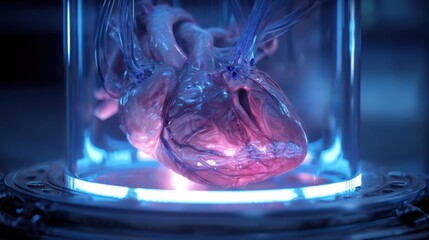 Scientific research displays a human heart in a futuristic glass chamber with glowing blue lights