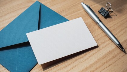 Stationery Essentials: A top-down perspective captures the timeless elegance of a crisp, white card and a rich blue envelope.