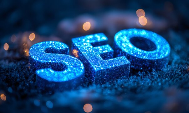 Glittering blue seo letters on a dark background with bokeh lights, symbolizing digital marketing strategy and technology
