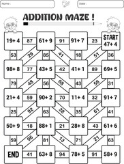 Addition maze puzzle game worksheet for child