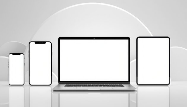 Modern Devices Lineup: A sleek collection of contemporary electronic gadgets, meticulously arranged against a minimalistic backdrop, epitomizing the cutting-edge of communication and computing.