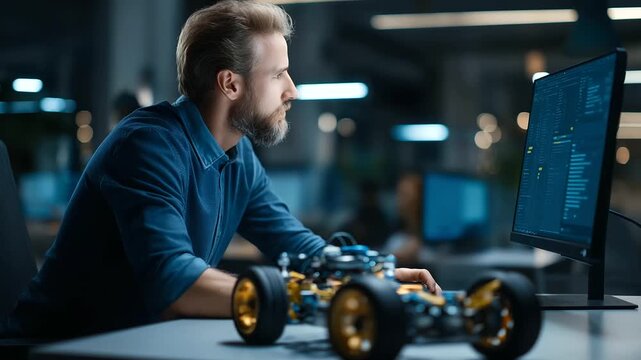 Faceless professional engineer works on computer with 3D CAD software testing electric car chassis prototype with wheels batteries and engine high tech development laboratory