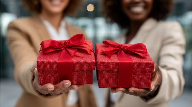 Teamwork celebration gift with business team exchanging gifts in a modern office celebration, cheerful business team exchanging gifts during holiday teamwork, and professional business team exchanging - Powered by Adobe