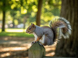 Squirrel perched alertly on a wooden fence post in a sun dappled park looking for tasty morsels