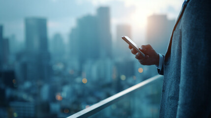 Businessman using smartphone on balcony at sunrise over modern city skyline