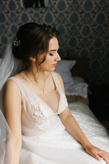 Portrait of a bride sitting indoors in her wedding dress. She looks at the camera with a calm, confident expression. Soft light highlights the lace details, veil, and floral bracelet, creating 