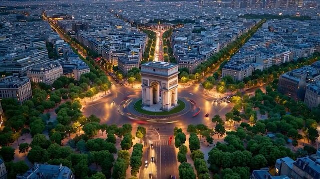 Aerial View of Arc de Triomphe at Dusk in Paris.