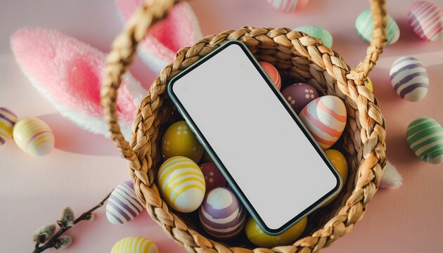 Easter Phone Basket: An easter basket filled with colorful eggs and a phone featuring a blank screen. This composition offers ample room for your design or message. - Powered by Adobe