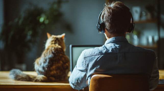 Man working from home with cat companion and headphones at wooden desk in cozy sunlight - Powered by Adobe