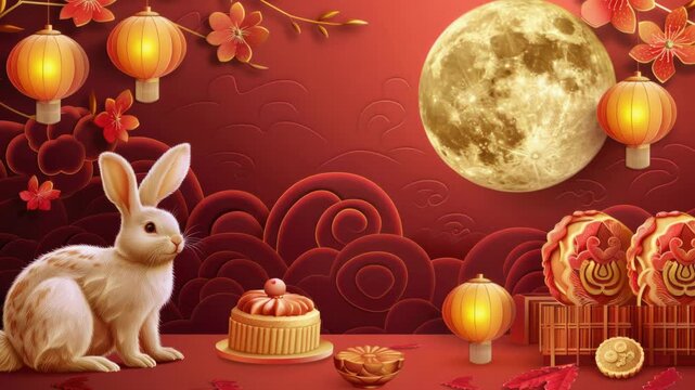 Video A rabbit sitting in front of a cake, surrounded by a full moon