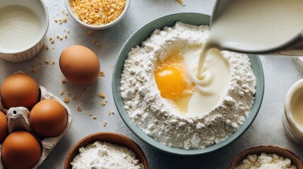 Baking ingredients on kitchen table, flour, eggs and milk in bowl for cake preparation