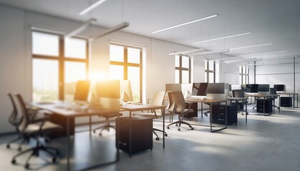 Modern Workplace: A bright, modern office space bathed in natural light from large windows, featuring rows of workstations, chairs, and computers, ready for productivity and collaboration.