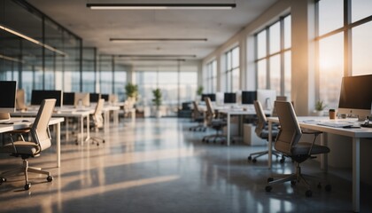Modern Office Interior: A bright and airy office space, flooded with natural light, showcases rows of sleek workstations and modern design elements, creating an inviting and productive atmosphere.