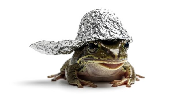 frog wearing a tinfoil hat, paranoid, paranoia, on a white background, animal photo