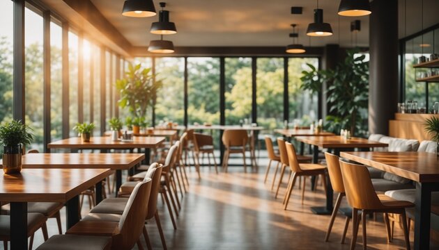 Serene Cafe with Natural Light: A sun-drenched cafe with inviting wooden tables and chairs offers a tranquil space. the cafe is a haven of relaxation and tasteful design.