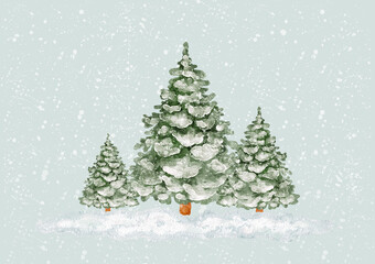 Three evergreen Christmas trees covered with snow during snowfall, watercolor clip art, winter background.
