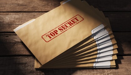 Top Secret Documents: Stack of top-secret envelopes, each stamped with an official seal, resting on a weathered wooden surface, hinting at clandestine communications.
