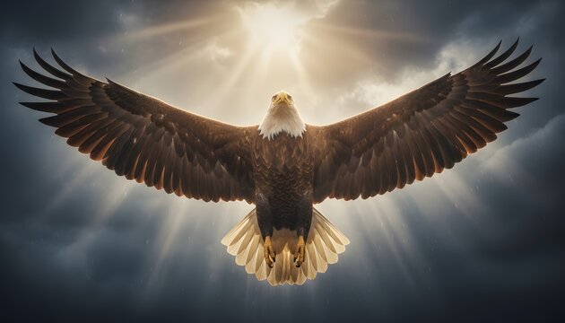 Majestic Bald Eagle Flying Toward Camera with Dramatic Sun Rays and Stormy Sky