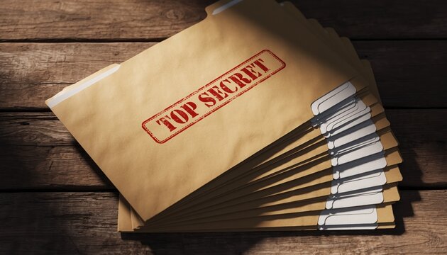 Top Secret Documents: Stack of top-secret envelopes, each stamped with an official seal, resting on a weathered wooden surface, hinting at clandestine communications.