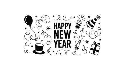 Hand drawn doodle style illustration celebrating happy new year with festive elements like balloons confetti and party hats