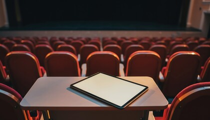 Tablet on Stage: A sleek tablet sits prominently on a table, casting a shadow in an empty auditorium. capturing a sense of anticipation and the digital age within the realm of the performing arts.
