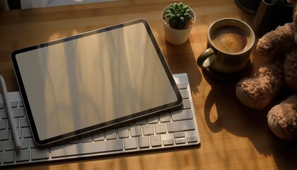 Serene Workspace: A top-down view of a modern workspace featuring a digital tablet with a blank screen, a keyboard, a cup of coffee, a small plant, and a teddy bear, all arranged on a wooden desk.