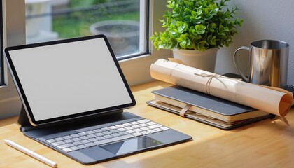 Fototapeta premium Digital Workspace: A modern workspace features a sleek tablet with attached keyboard, accompanied by a pencil, potted plant, rolled document, notepad, and coffee mug.