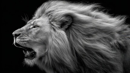 Majestic lion roaring in black and white against a dark background capturing its powerful presence and wild beauty © Tanu