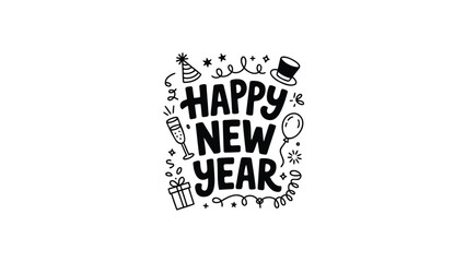 Whimsical hand drawn doodle art celebrating happy new year with festive party elements and confetti