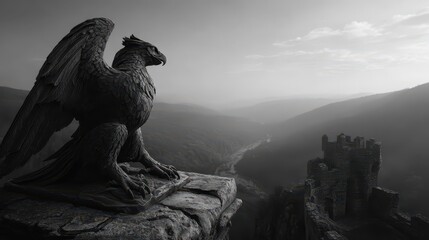 Fototapeta premium Granite sculpture of a mighty griffin guarding a medieval castle in a misty valley at dawn with dramatic silhouettes of mountains in the background