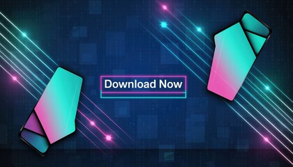 Digital Convergence: A vibrant, futuristic composition showcasing two smartphones floating in a digital realm, the words Download Now invite immediate action.