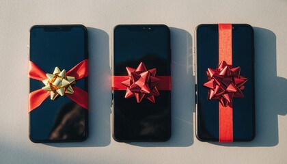 Tech Gifts: Smartphone wrapped with ribbon and bow, ready for gift-giving, ideal for special occasion.