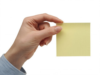 Obraz premium Hand holding blank yellow sticky note ready for your message or promotion to grab attention now, isolated