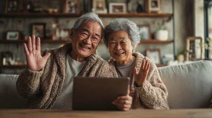 Happy senior couple video calling family on digital tablet at cozy home