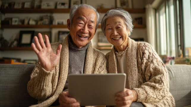 Happy senior couple video calling family on digital tablet at cozy home living room