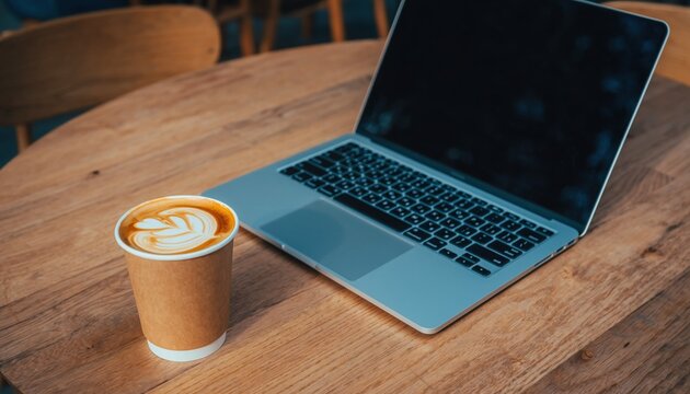 Laptop and Coffee Still Life: A modern still life captures a sleek laptop gracefully set on a wooden table alongside a freshly brewed coffee, evoking an atmosphere of productivity. - Powered by Adobe