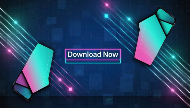 Digital Convergence: A vibrant, futuristic composition showcasing two smartphones floating in a digital realm, the words Download Now invite immediate action.