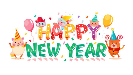 Fototapeta premium Happy new year greeting with cartoon animals wearing party hats and colorful confetti decorations around text