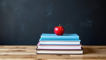 Colorful Books Stack with Red Apple on Wooden Table against Dark Background for Educational Themes and Learning Concepts