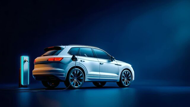 White electric car connected to charger on blue background 3D rendering illustration EV charging visualization sustainable vehicle concept clean transportation modern mobility