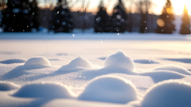 Soft snow covering the ground with evergreen trees in winter  
