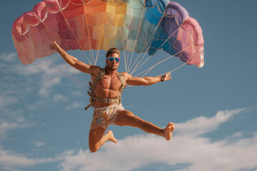 Mucular proud man parachuting with style 