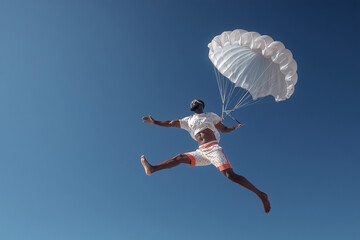 Dreamy image of an African American parachutist jumping in the sky 