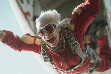 Brave senior woman jumping off a plane with a parachute 