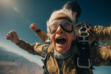 Fun senior woman jumping off a plane with a parachute 