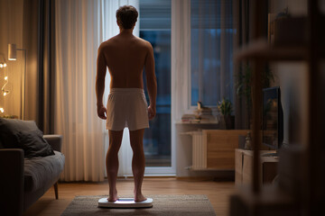 Attractive male measuring his weight 