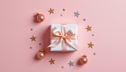 Festive gift box with pink ribbon surrounded by Christmas ornaments and stars on a pastel pink background
