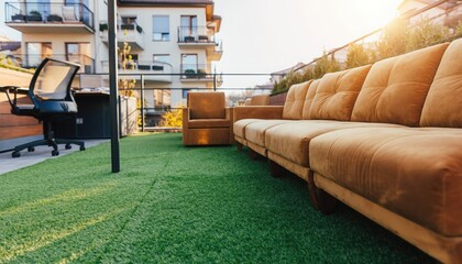 Obraz premium Outdoor Urban Oasis: An inviting outdoor space with a comfortable sofa and office chair set against the backdrop of an apartment building, combining work and relaxation amidst a urban landscape.